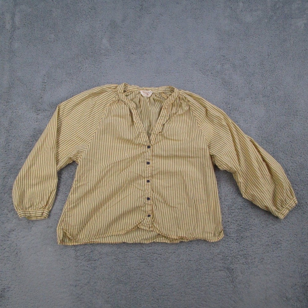 Nation LTD Womens Pima Cotton Striped Button Front Blouse Yellow Navy Blue S